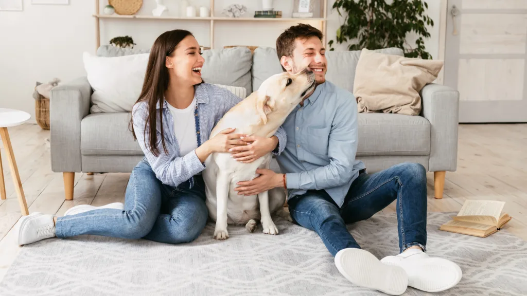 Man and woman on living room floor leaning up against their couch. They are with a Golden Labrador Retriever who is licking the man and the woman laughing. In the background is a fig tree and bookshelf with contemporary decor on it. New pet-friendly apartment homes for rent with private fenced backyards in Arizona, Texas, Florida, and North Carolina with pool, pickleball, dog park, gym, clubhouse and gated community. *No breed or weight restrictions. Yardly